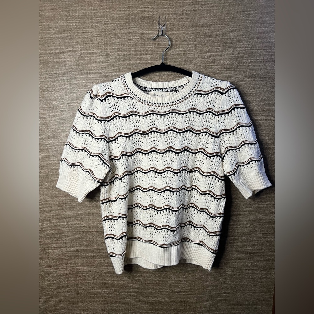 Marbled Cable Stitch Chevron Stitch Short Sleeve Sweater Top - medium nwot